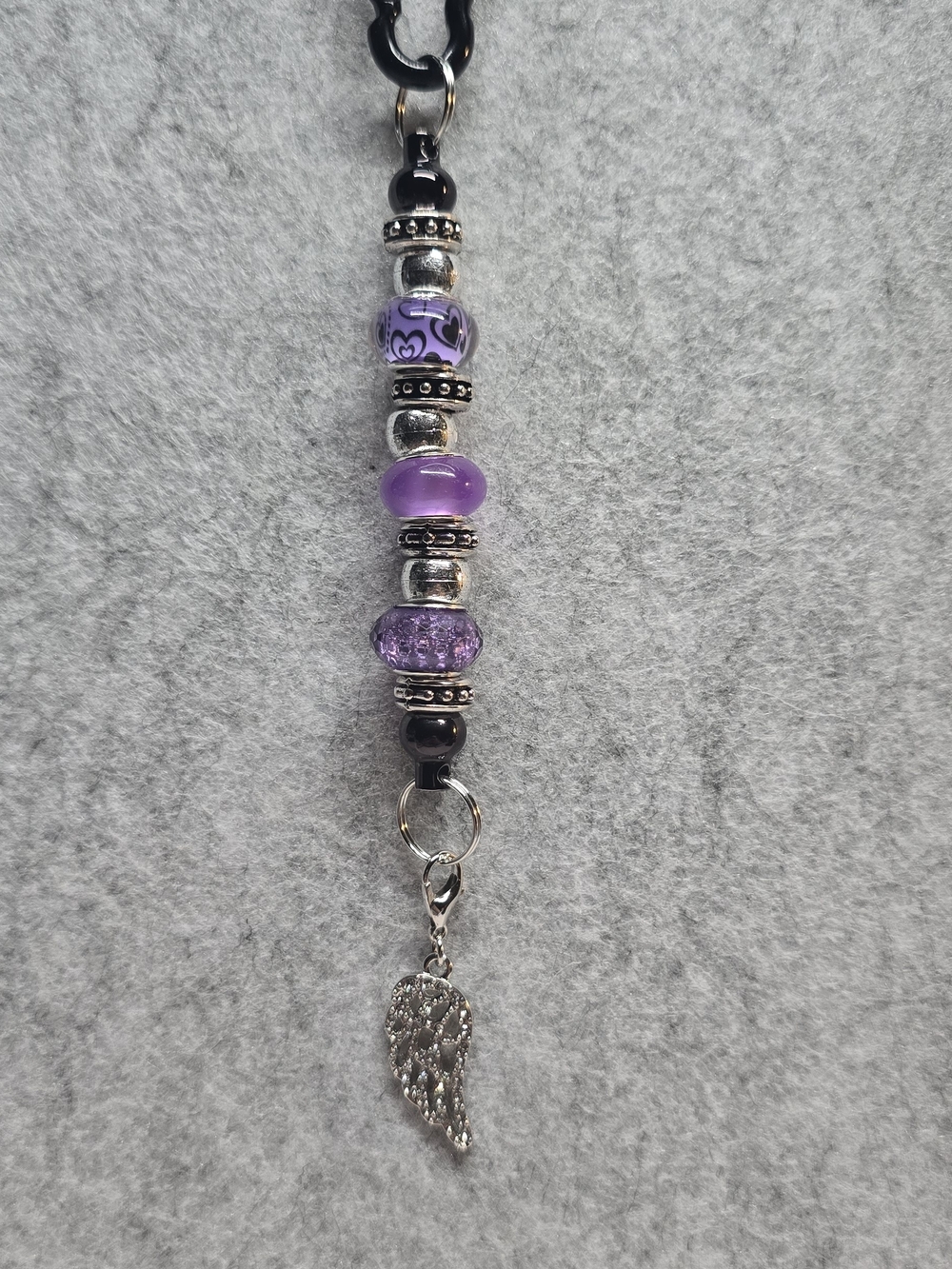 Purple Beaded Pendant Charm Keychain with Silver Wing